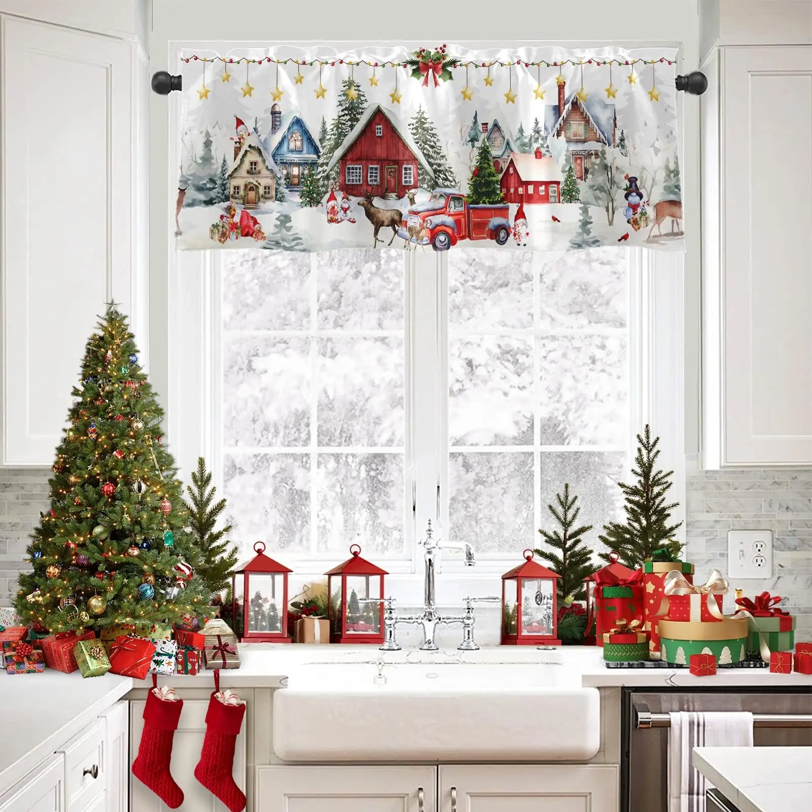 2 Pack Valances Window ,Christmas House Deer Tree Drapes Adjustable Curtain Valances for Windows Living Room Kitchen Sink Above