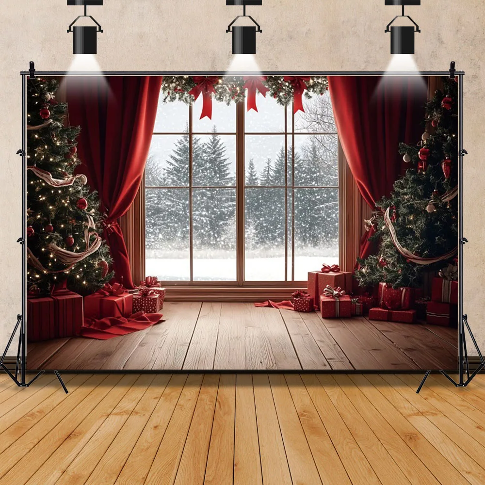عيد الميلاد سانتا كلوز التصوير خلفية نافذة ستارة حمراء شجرة عيد الميلاد هدية الأسرة الطرف الديكور خلفية استوديو الصور