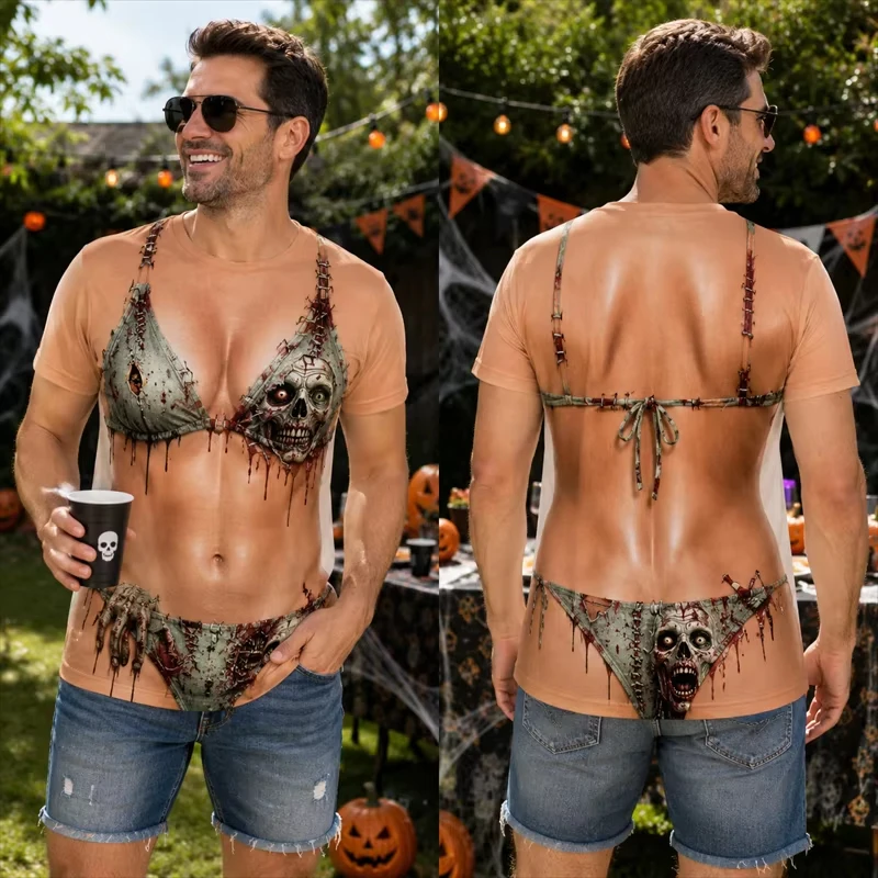 Mens Women Halloween Humor T‑Shirt Realistic Fake Bikini Printed Short Sleeve Tee Novelty Cosplay Outfit for Holiday Gathering