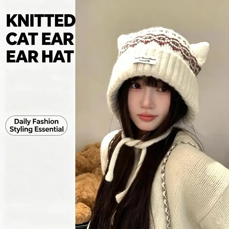 Knitted Cat Ear Beanie With Fleece Lining Face Slimming Effect Suitable For Winter Daily Wear Cold Outdoor Activities