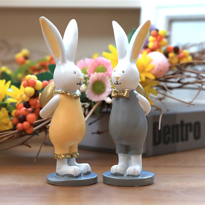 

2PCS Resin Cartoon Rabbit Ornaments Gold Color Egg Hand-painted Easter Rabbit Figurine Delicate Animal Model Ornaments for Honme