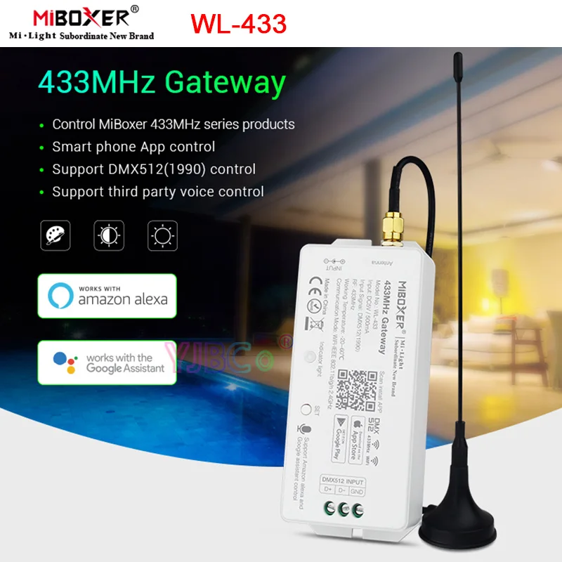 

MiBoxer WL-433 LoRa 433MHz Gateway DC5V/500mA WiFi RF DMX512(1990) Smartphone APP Voice Control for 433MHz Series Smart Lights