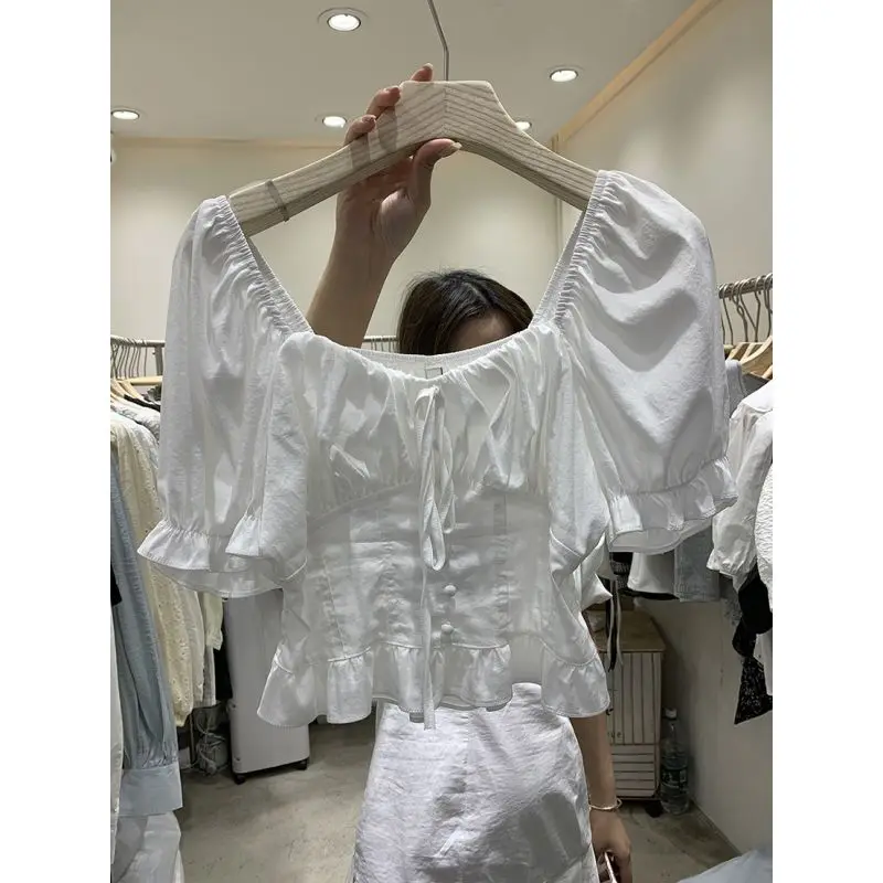 Short Sleeved One Shoulder Top Lace Up Pleated Crop Blouse White Shirt Blusas Mujer De Moda 2025 Slim High Waist Shirts