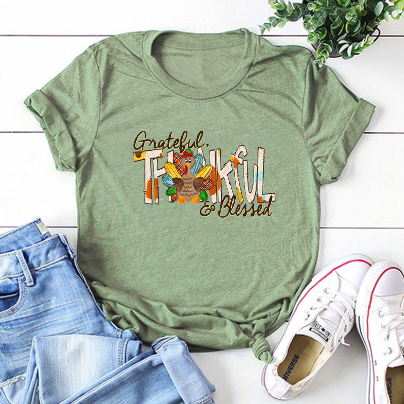 Thankful Grateful Blessed with Turkey Shirt Thanksgiving T-Shirt Fall Vibes Graphic Tee Gothic Turkey Women Tops 100% Cotton