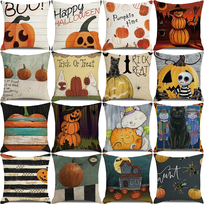 

Halloween Cushion Cover 45x45cm Linen Pillowcases Trick or Treat Farmhouse Decor Home Throw Pillow Covers for Couch Decorations