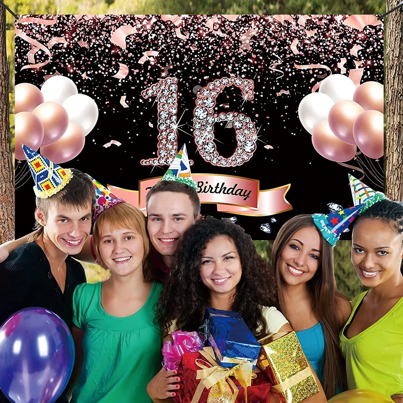 Sweet Rose Gold 16 Photo Backdrop Girls Boy Happy Birthday Party Sixteen Years Old Photograph Background Banner Decoration Prop