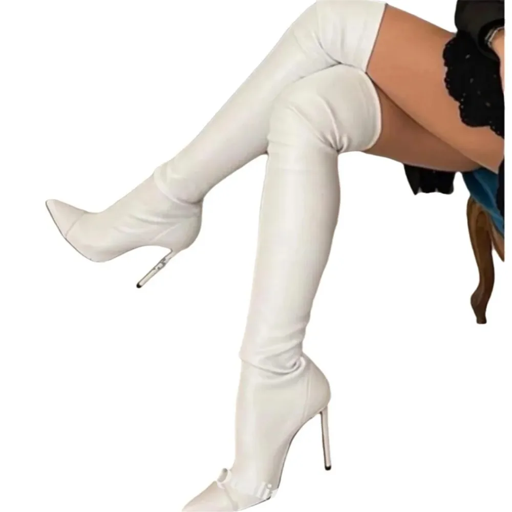 Linamong Slim White Beige Matte Leather Stiletto Hee Over Knee Boots Sexy Pointed Toe Slip-on Thin Heel Long Boots view 4