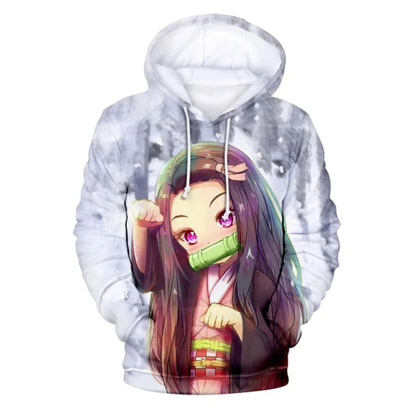 Hoodies de anime para homens e mulheres Kamado Nezuko, tamanho grande, impressão 3D, pulôver com capuz, casual, streetwear com gola redonda, tops