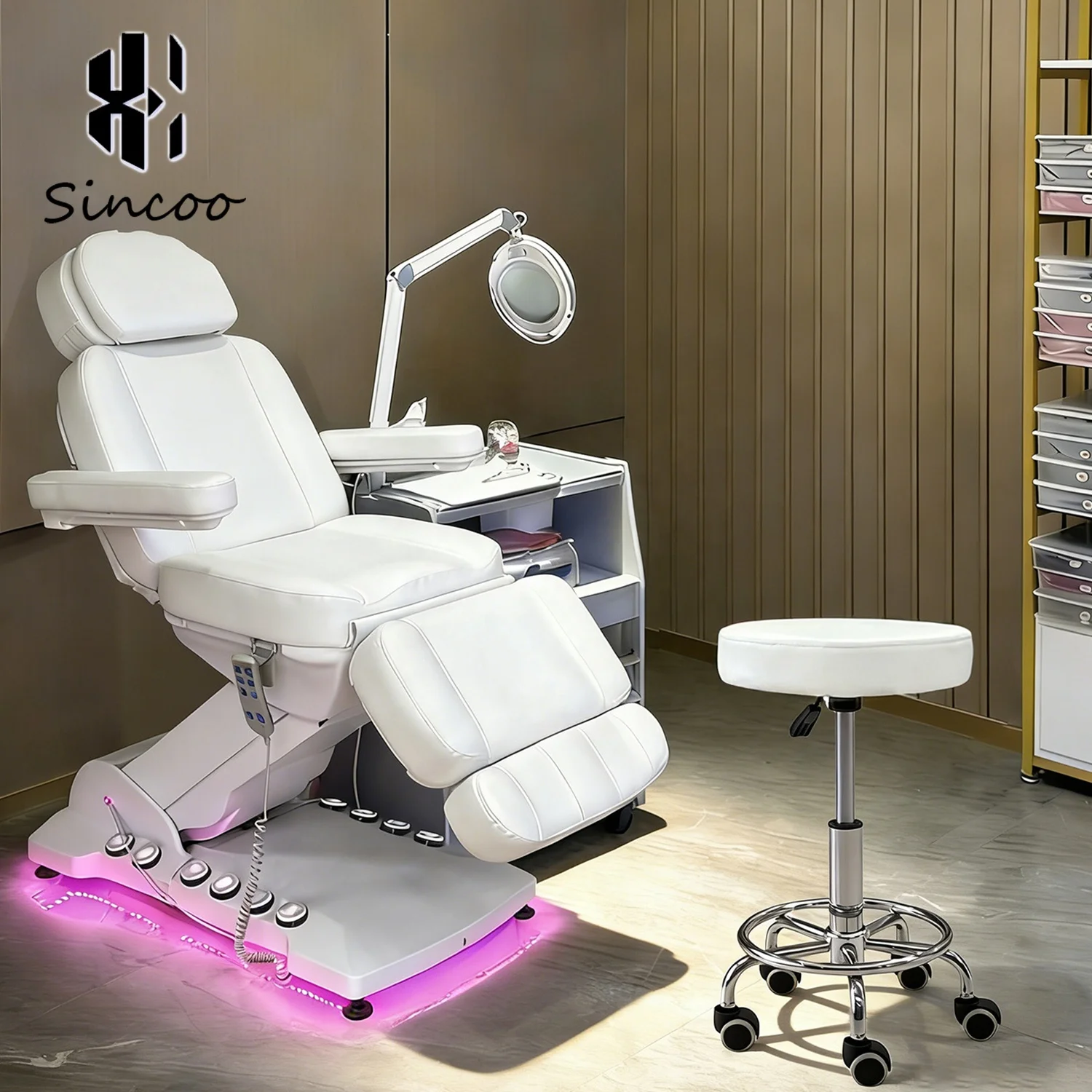 Luxury LED Light Base with Foot Control White 3 Motors High Load-bearing Beauty Massage Bed Beauty Salon Facial Bed