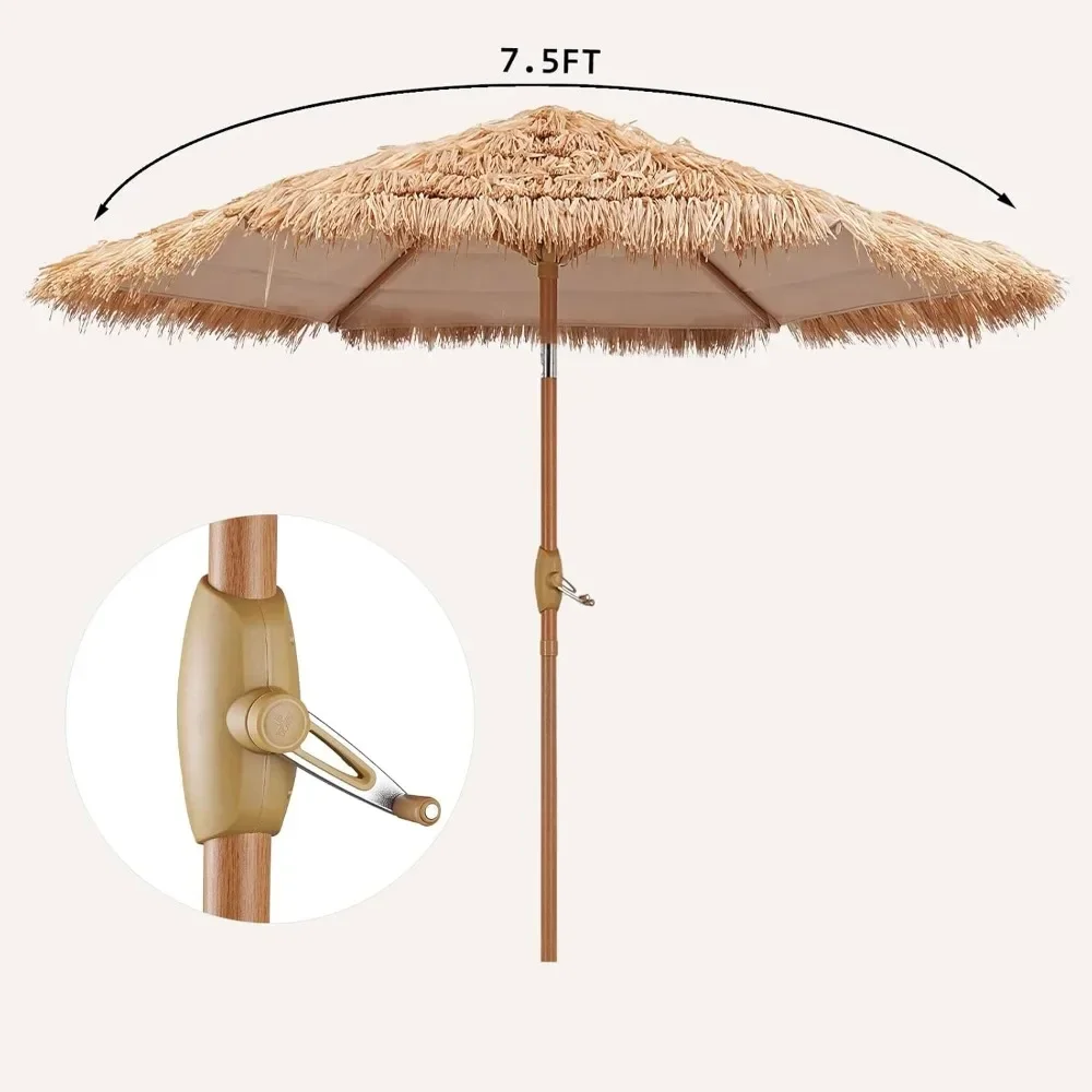 7.5 ft Thatched Hula Tiki Beach Umbrella Hawaiian Style, UV Protect Thatch Umbrella with Design, Patio, Pool, Garden, Outdoor