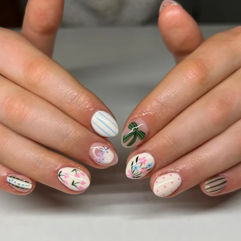 

24 Pcs 2025 Nails Press on Pink Yellow Artificial Nail Tips Flower Bow Aesthetic False Nails Ready-made Artificial Glued Nails