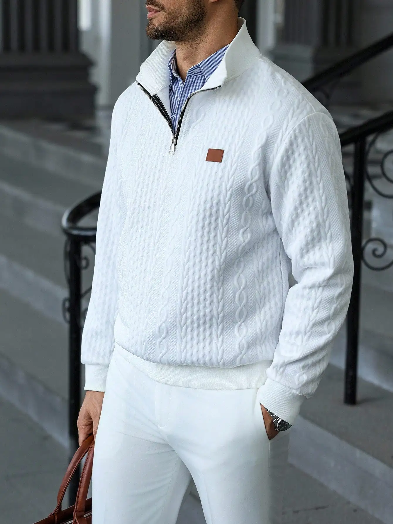 Men's White Cable Knit Quarter Zip Sweater with Stand Collar, Casual Long Sleeve Pullover for Autumn