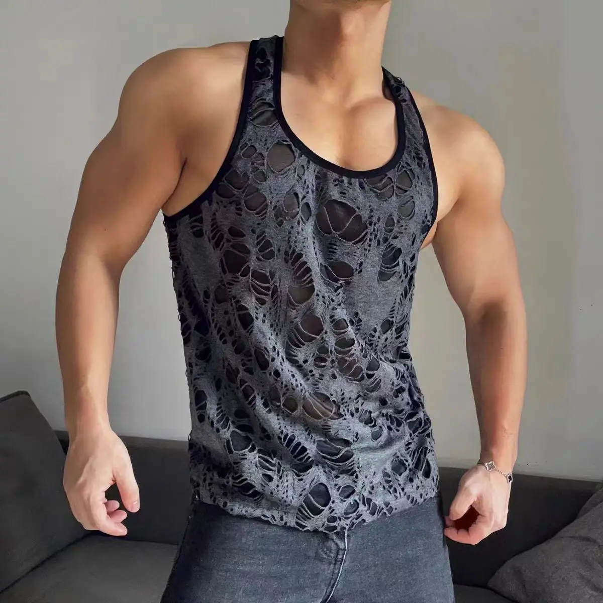 Men's sleeveless Muscle Kam Shoulder Sexy Hollow Tank Top Sleeveless Sports Fitness Bar Singer Dancer Stage Show Dancewear