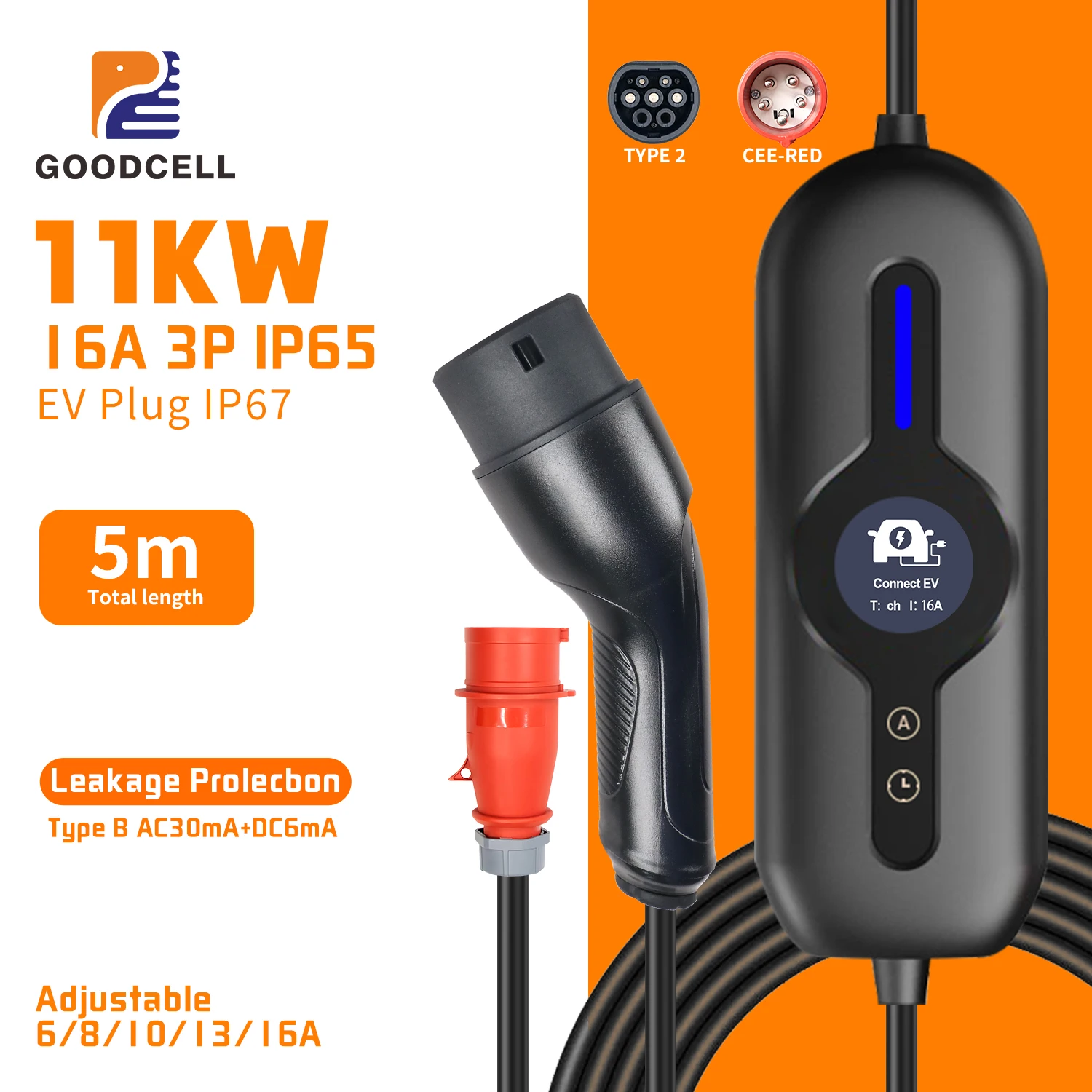 

GOODCELL Latest model 11KW 16A Portable EV Charger Type2 EVSE Charging Box Electric Vehicle Charger 55mm CEE RED Plug 5M Cable