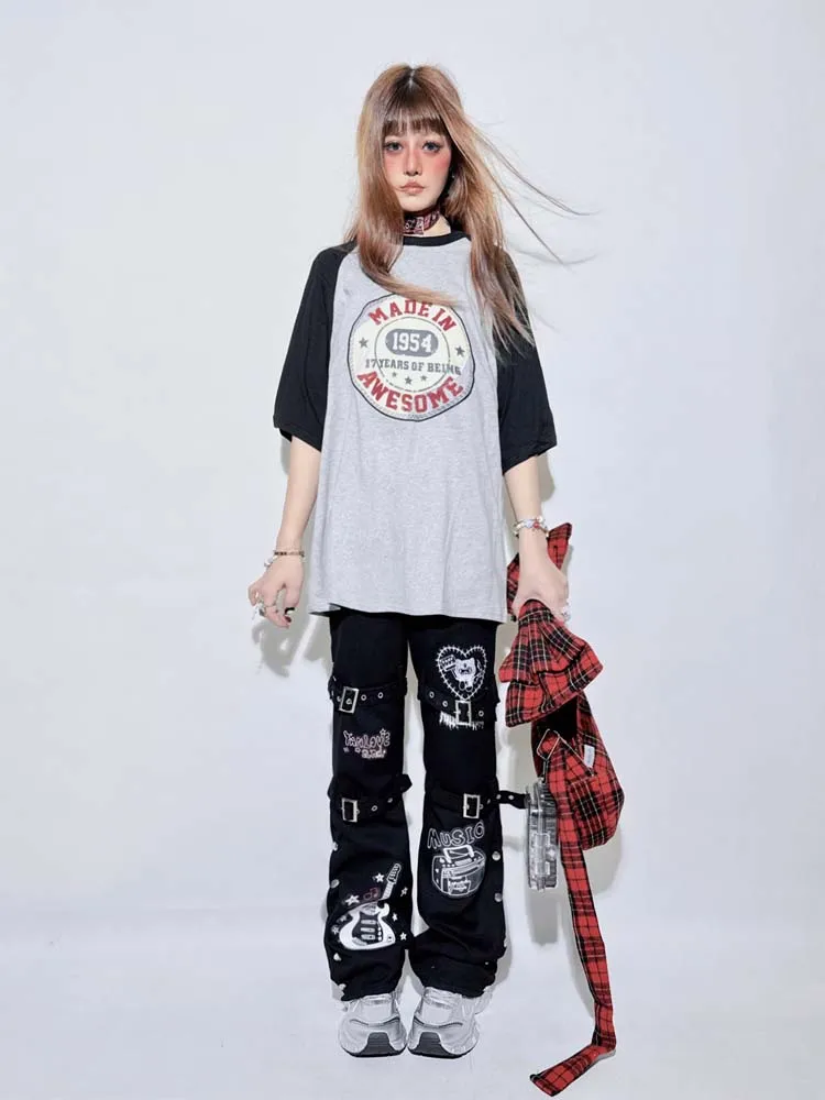 Original Design กางเกงยีนส์ผู้หญิงหลอดตรงเทศกาลดนตรีสไตล์ขี้เกียจหลวมกางเกงขากว้างอินเทรนด์ High Street สนุกกางเกงยีนส์