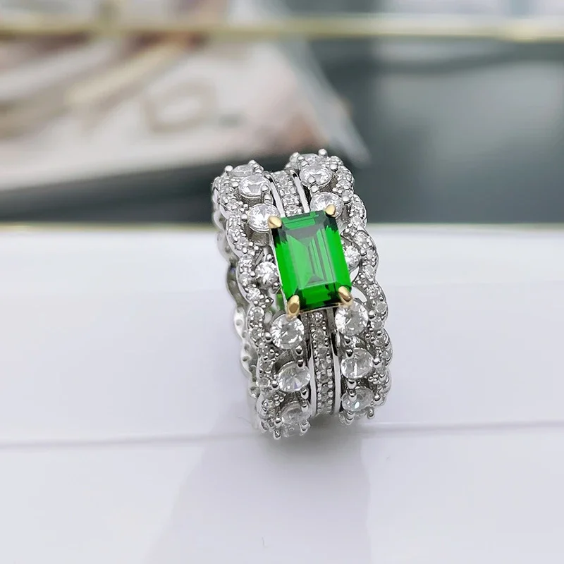 Double row full diamond ring 925 sterling silver green ring, imported high carbon diamond for women