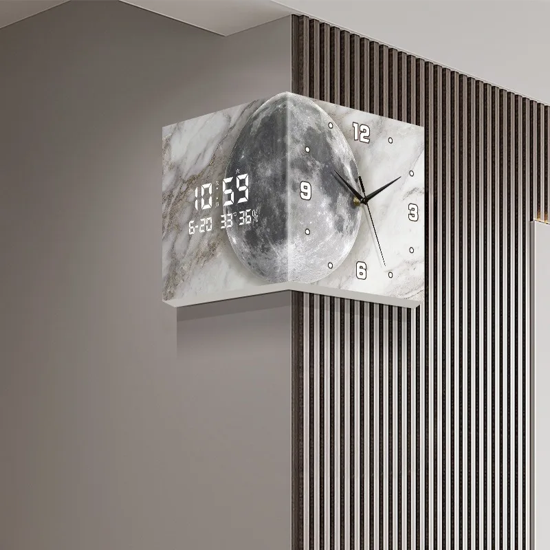 No Punch Moon Corner Wall Light Clock, Double Sided Digital Display Wall Clock, Creative Living Room Corner Decor Clock