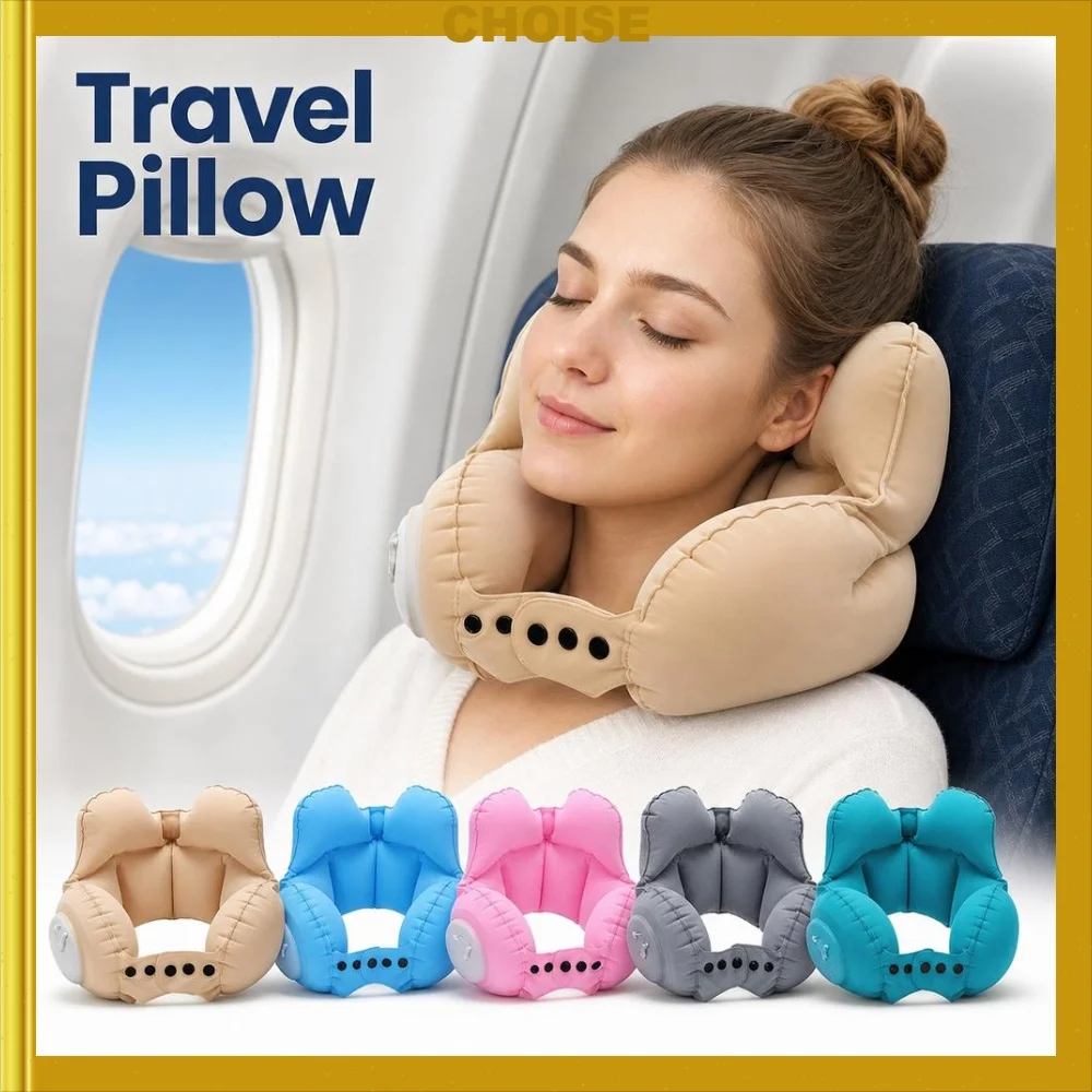 Portable Inflatable Travel Neck Pillow, Push-Button Press-Type Compression, Comfortable Head & Neck Support for Airplane, Car