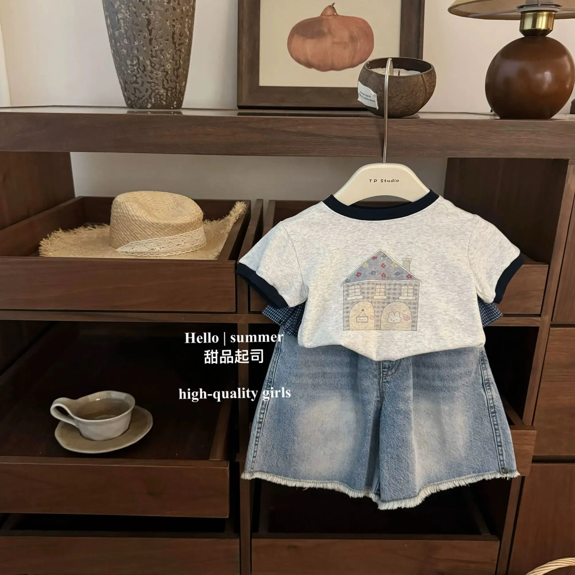 

Girls' set 2025 summer new children's Korean round neck short sleeved T-shirt thin denim wide leg pants two