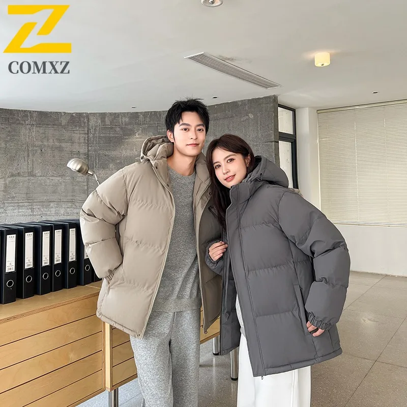 

COMXZ Men Cotton Padded Jacket Hooded Windproof Solid Color Camping Skiing Winter Jacket Street Loose High Quality Padded Jacket