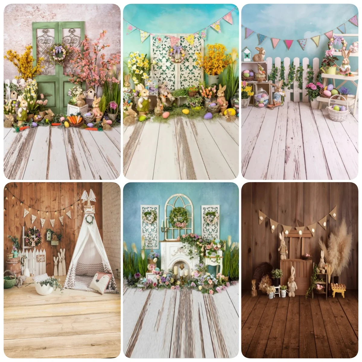 Spring Easter Photography Backdrop Green Plants Grassland Egg Rabbit Decor Bunny Child Birthday Portrait Wood Floor Background