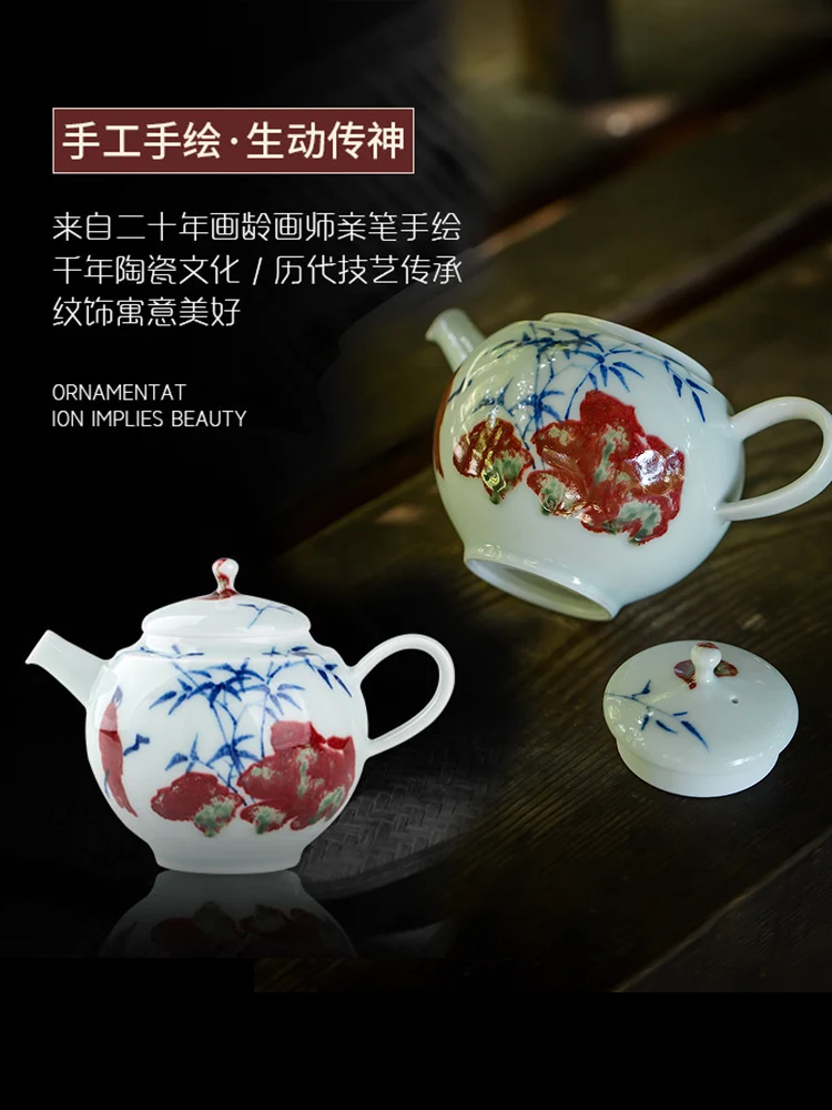 Jingdezhen Purely Handmade Ceramics Tea Set Teapot Single Teapot Household Chinese Style Hand Painted Blue and White Glazed Red