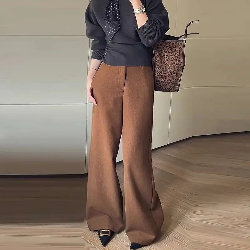 Autumn and Winter New High-waist Slim Woolen Straight-leg Pants for Women in Caramel Color, Suitable for Everyday and Workwear
