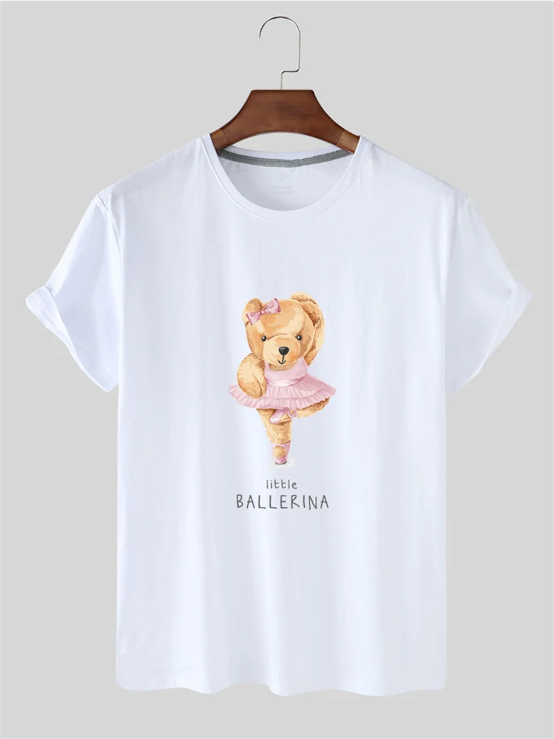 Ballet Bear Pattern Printed Tshirt Women Summer Short Sleeved Casual T-shirt Unisex Tops Tees Cartoon Harajuku T Shirt Female