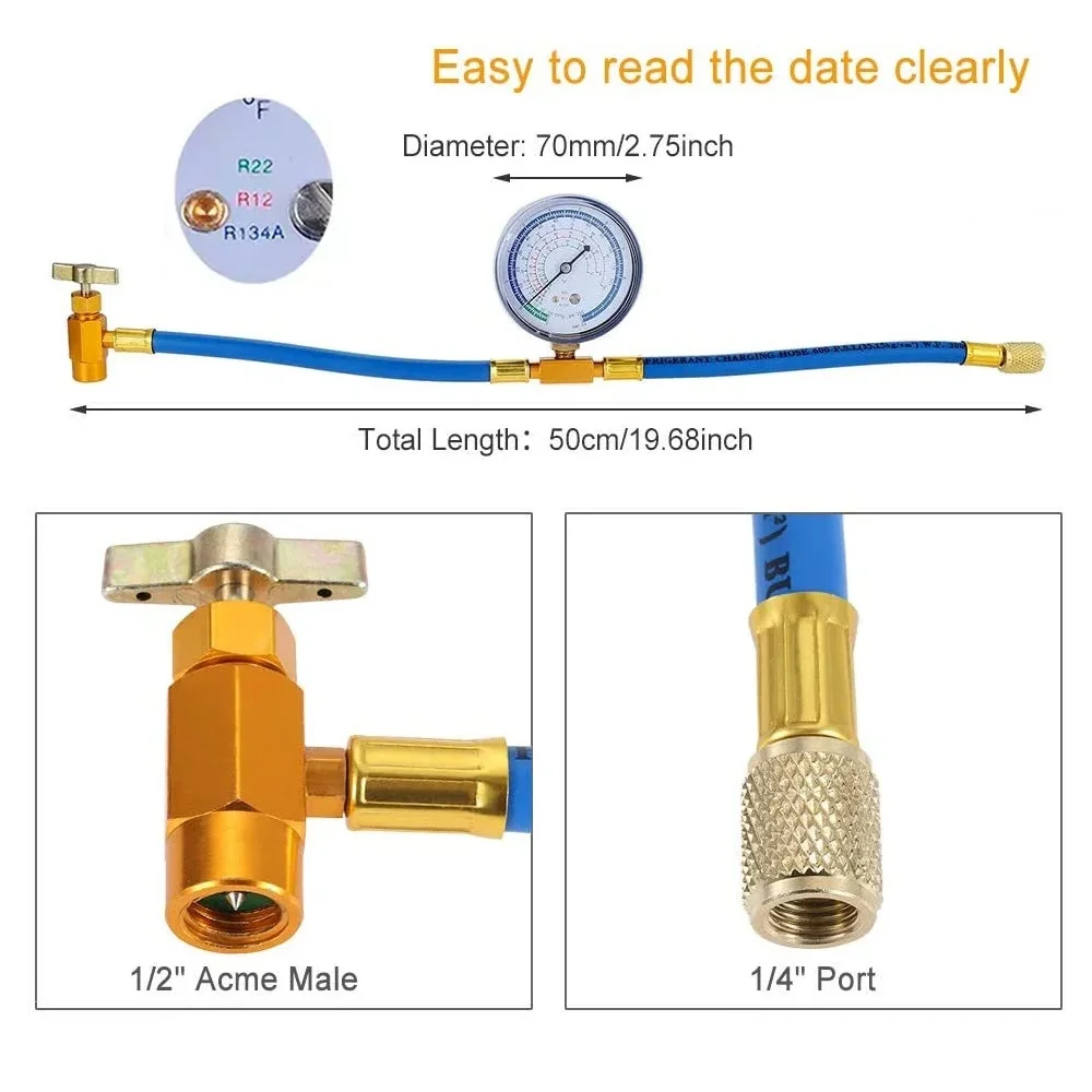 

Freon Recharge Hose Gauge Set R134a R12 R22 with BPV31 Piercing Tap Valve for AC