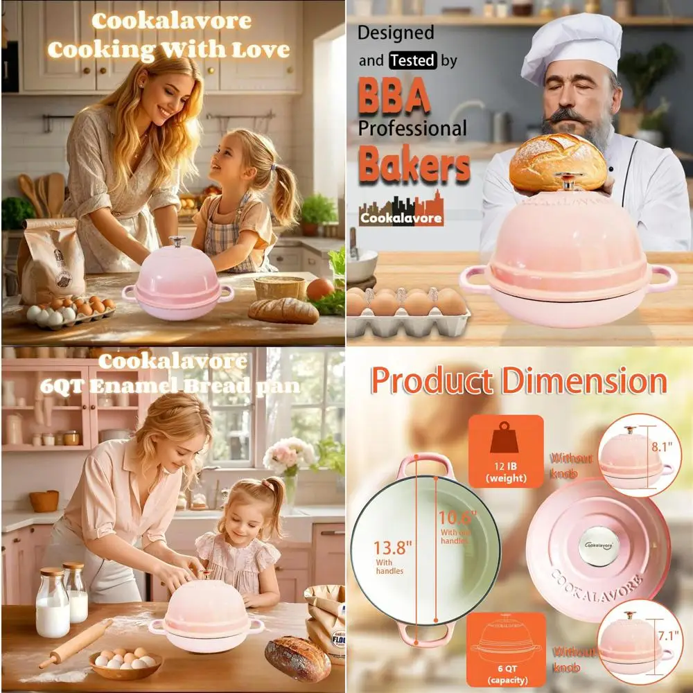 

Enamel Dutch Oven, 6-Quart Bread Baker, 10.5 Sourdough Pan with Lid, Pink, Includes Silicone Mat & Recipe, Perfect for Homemade