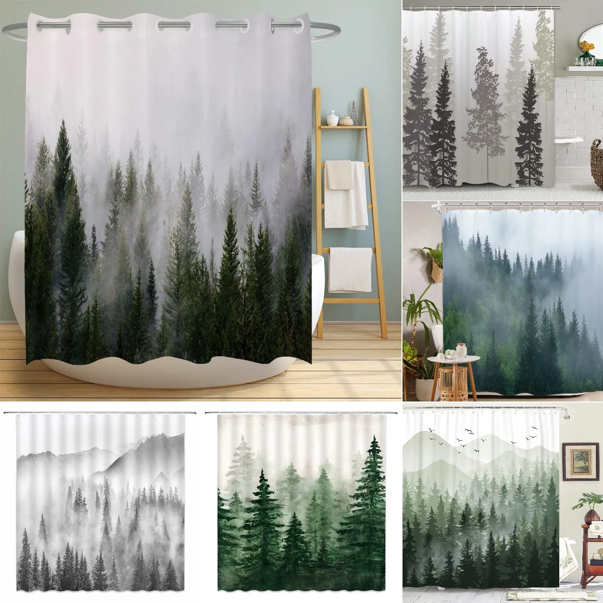 Misty Forest Woodland Shower Curtains Nature Shower Curtain Fall Shower Curtain Waterproof Polyester Fabric Home Decor with Hook