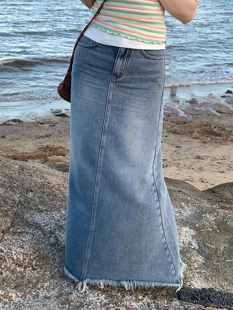 

Корейская джинсовая юбка-трапеция средней длины для женщин, стройнящая, с эффектом «рыбий хвост», для повседневной носки, универсальная, с завышенной талией