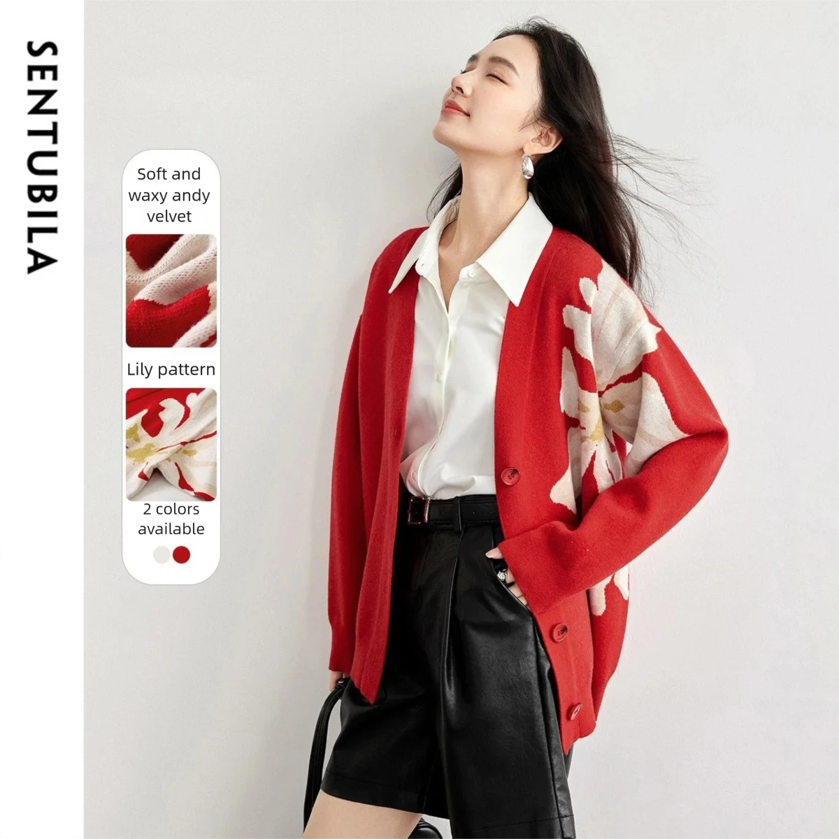 

SENTUBILA вязаный кардиган для женщин, свободный жаккардовый топ с v-образным вырезом и длинными рукавами, осень 2021, модная повседневная женская одежда W51H58098