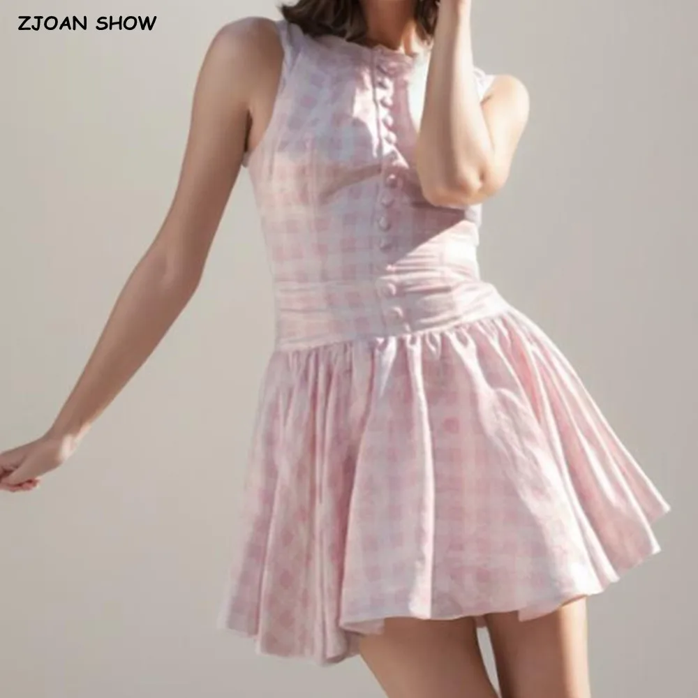 Sexy rosa vichy plaid vita bassa mini vestito dal carro armato donne bottoni aperti collo backless increspato orlo altalena abiti senza maniche abiti