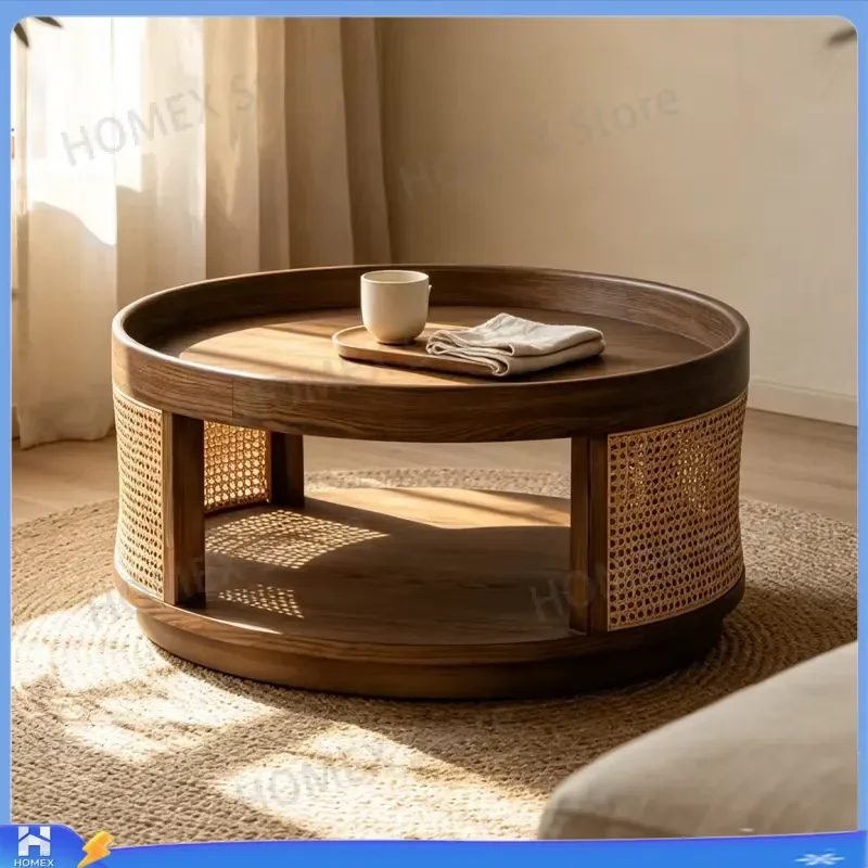 Modern Round Black Walnut Coffee Table Natural Rattan Side Design Durable Eco Friendly Luxury Living Room Furniture