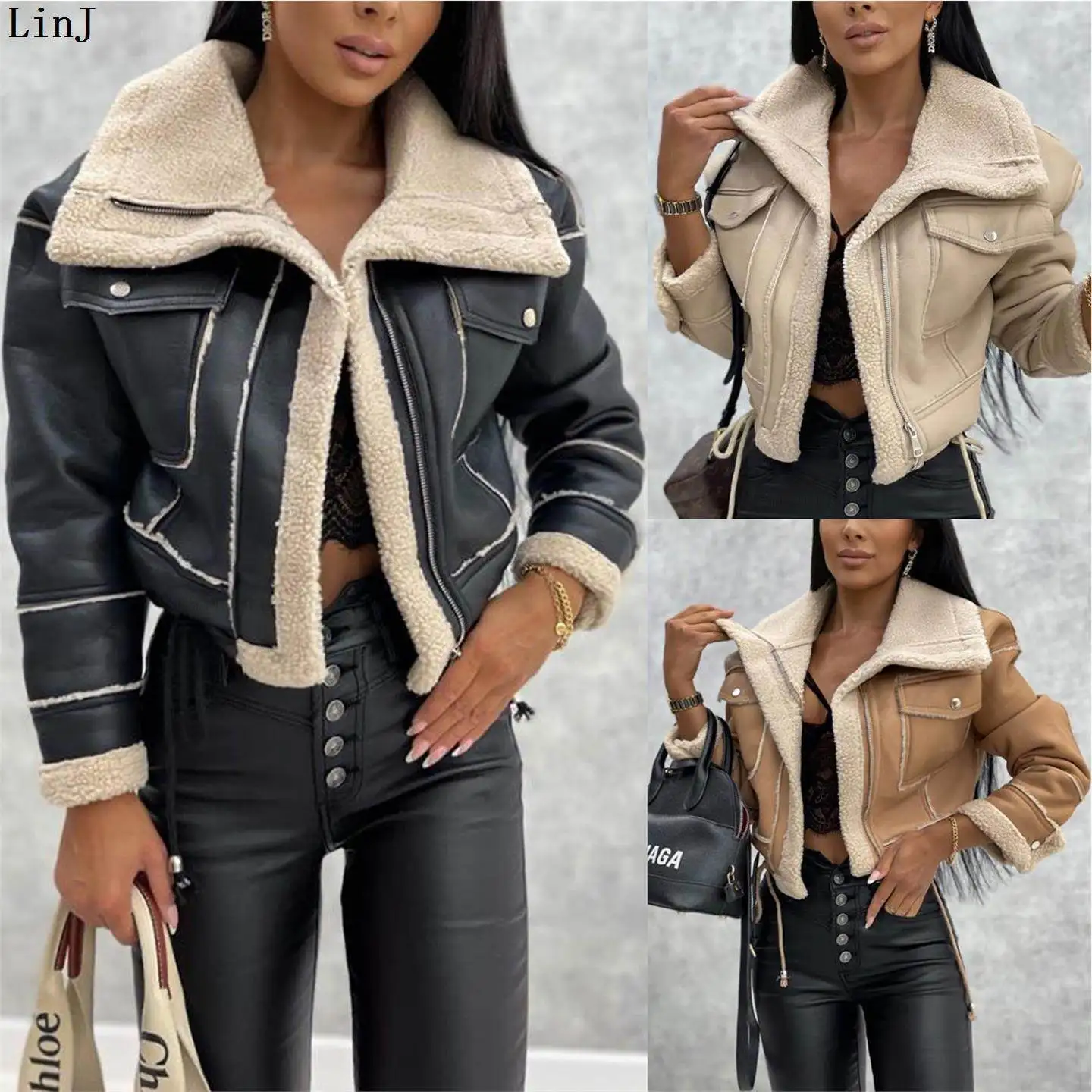 

Autumn Winter Short Lamb Fur Jacket Zipper Biker Style Women's Warm Fashion Outerwear Top Nine Points Sleeve Regular Length