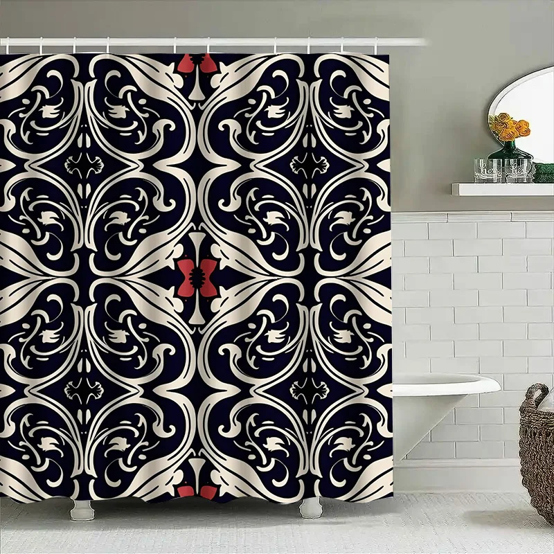 

High-Quality Black and White Decorative Shower Curtain with Red Accents Perfect for Bathroom Décor!