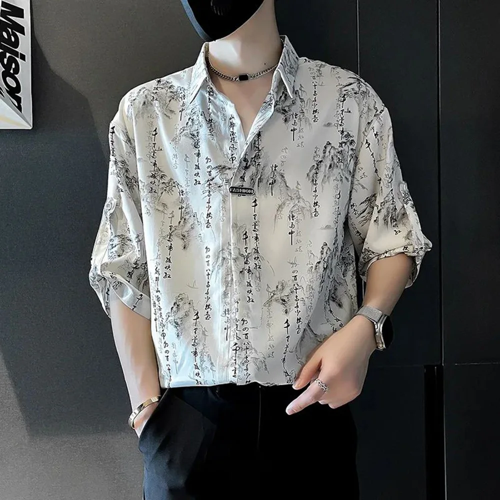 Y 2K Heren Shirt Chinese Inkt Korte Mouwen Zomer Casual Veelzijdig Ijs Zijde Cool Etnische Stijl Heren Kleding Unisex 2024