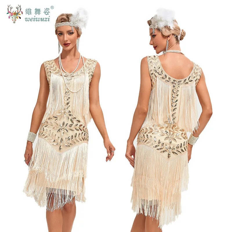 1920S 女性ヴィンテージウエディングドレスラウンドネックスパンコールビーズ刺繍タッセルタンクトップ大きいドレスセクシーなカクテルパーティー衣装