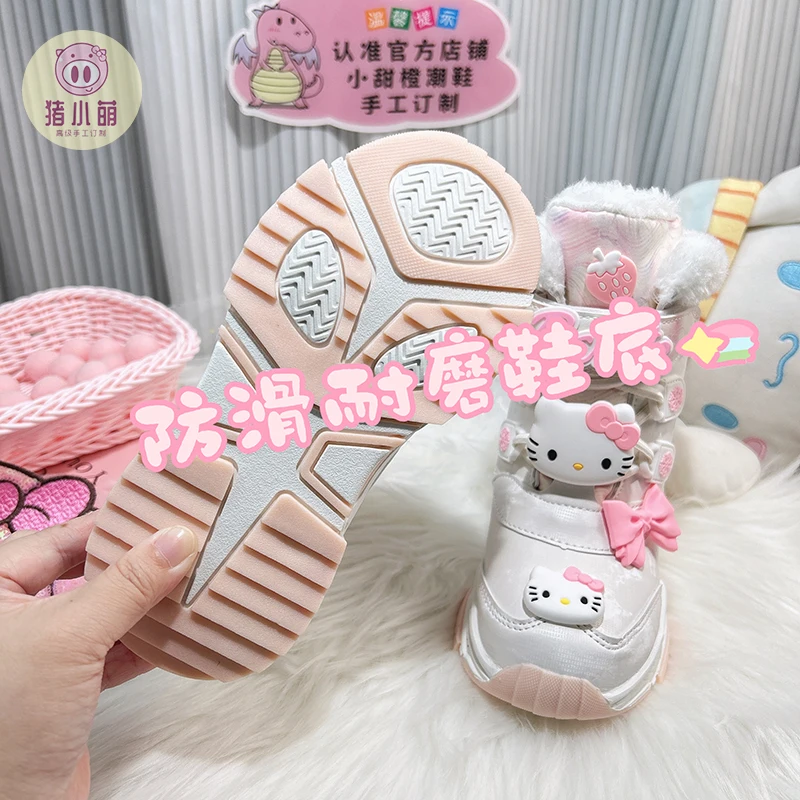 

Милые детские белые зимние ботинки в стиле аниме Sanrio Hello Kitty, нескользящие короткие ботинки из кожи Kawaii, теплые непромокаемые рождественские ботинки для девочек
