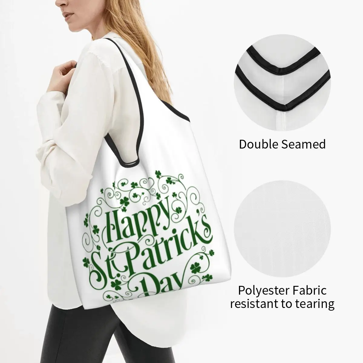 Large Reusable Happy St Patrick's Day Grocery Bags Recycle Foldable Shopping Eco-Friendly Bag Washable Fits in Pocket