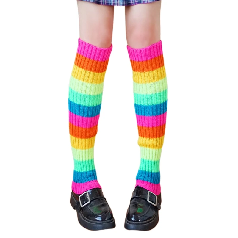 Women 80s Retro Party Ribbed Knit Leg Warmers Rainbow Multicolor Striped Foot Cover Sleeve Ballet Dance Sport Drop Shipping