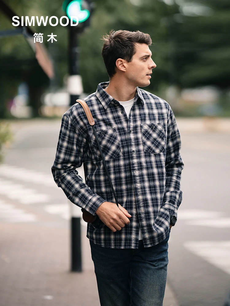 SIMWOOD 2024 Autumn New Oversize 270gsm 100% Cotton Vintage Flannel Plaid Shirts Men Soft Casual Chest PocketsShirts