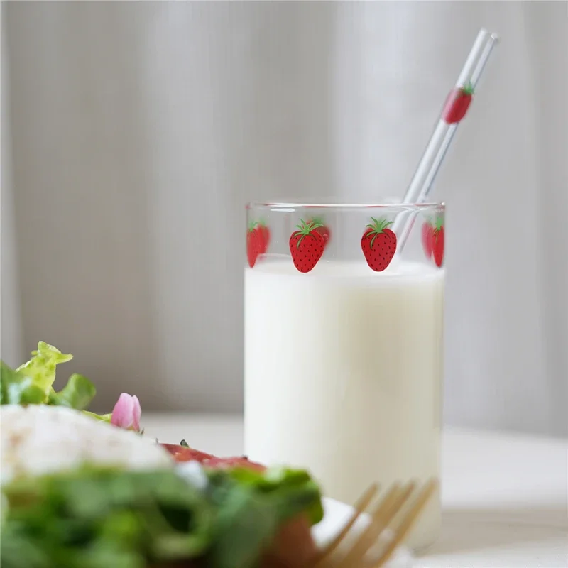 Cute Strawberries Glass Cup with Straw 300ml 10oz Thick Glass Tumbler With Strawberry Prints Heat Resistant Gift for BBF 1 PC