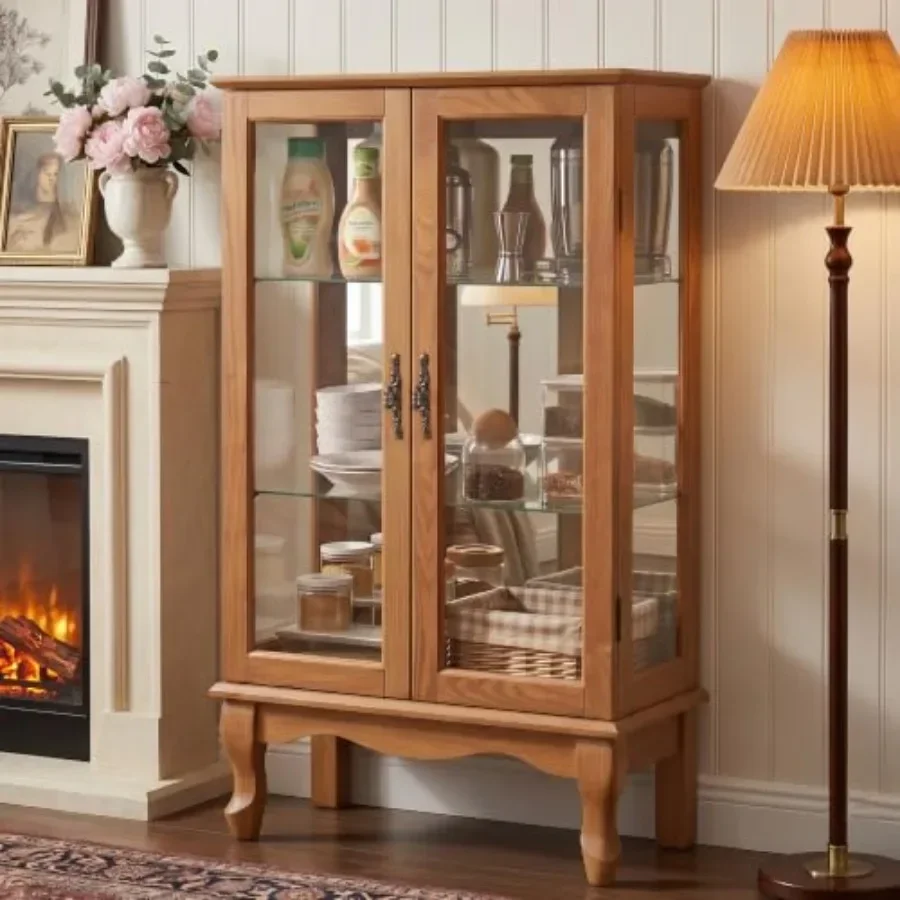 Living Room Wine Artwork Showcase Rack: Lighted Glass Curio Cabinet, Vintage-style Chrome Finish, Clear Tempered Glass Doors, A