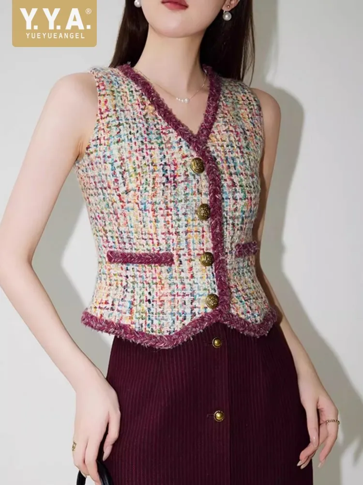 

Vintage Elegant Office Ladies Vests V-Neck Spring Autumn Single Breasted Slin Fit New Women Fashion Sleeveless Tweed Waistcoat