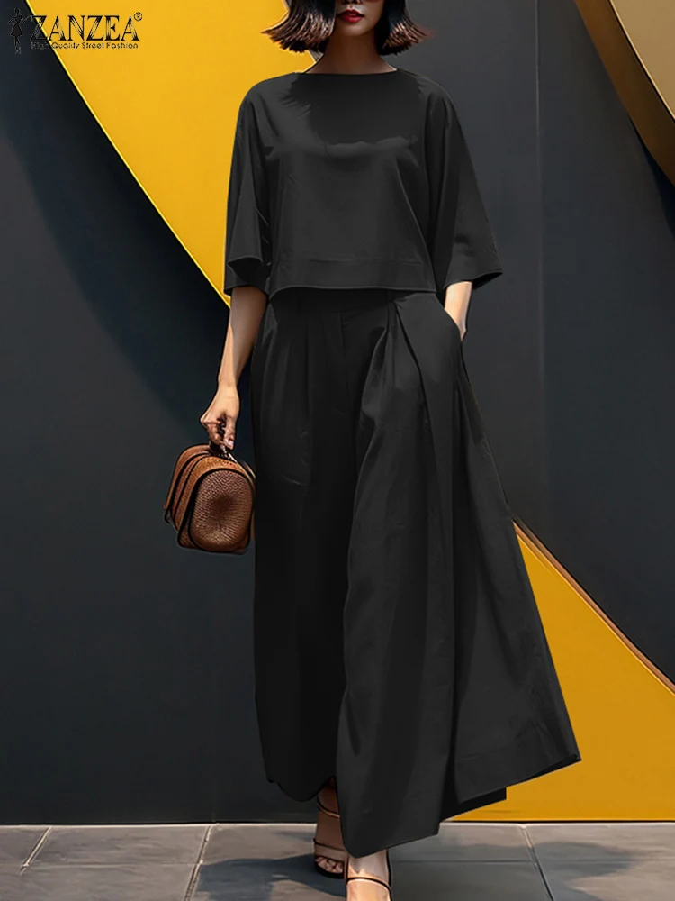 Mode Sommer OL Arbeit Hose Sets ZANZEA Frauen Elegante 3/4 Hülse Bluse Breite Bein Hosen Anzug 2025, Mode Lose Passenden Sets