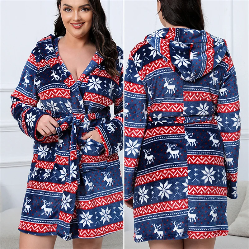 

Oversize Flannel Christmas Snowflakes Deer Nightwear Hooded Robe Women Sleepwear Loungewear Thick Coral Fleece Bathrobe Homewear