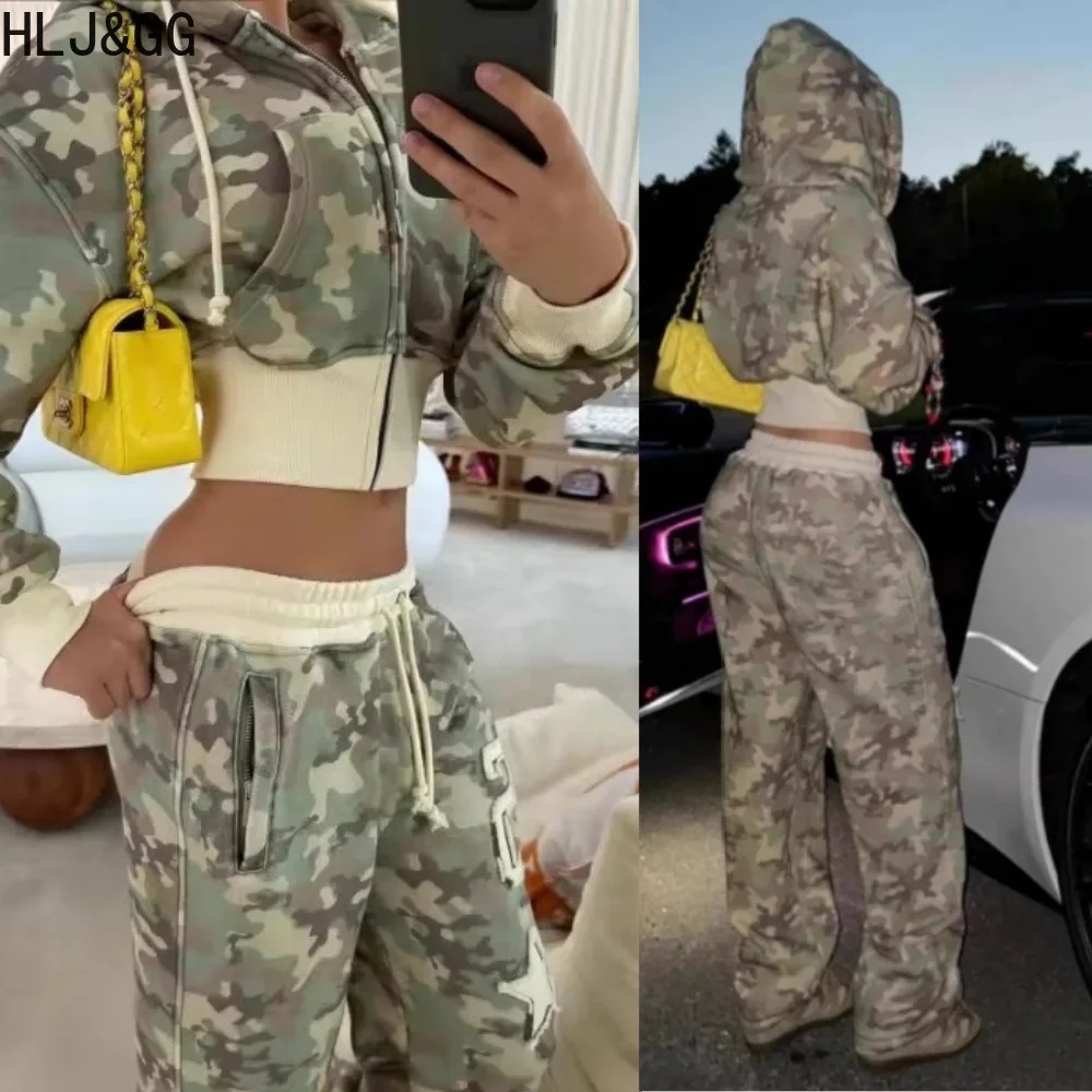 

HLJ&GG Fashion Y2K Camouflage Hooded Two Piece Sets Women Zipper Long Sleeve Crop Top And Pants Outfits Autumn 2pcs Streetwear