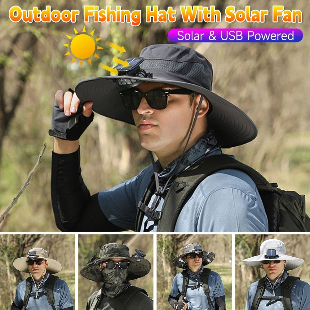 

Outdoor Fishing Hat With Solar Fan Wide Brim USB Charging Bucket Hats Summer Sunshade Fisherman Hats For Outdoor UV Protection
